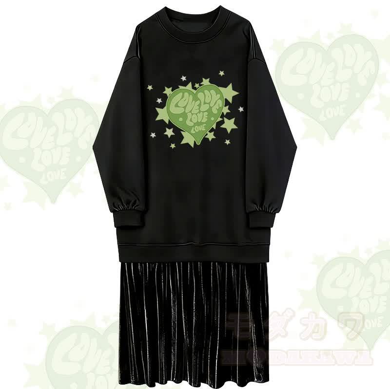 スターハートグラフィックフェイクレイヤードフリース裏地スウェットシャツドレス - 黒 - 2XL - image 1