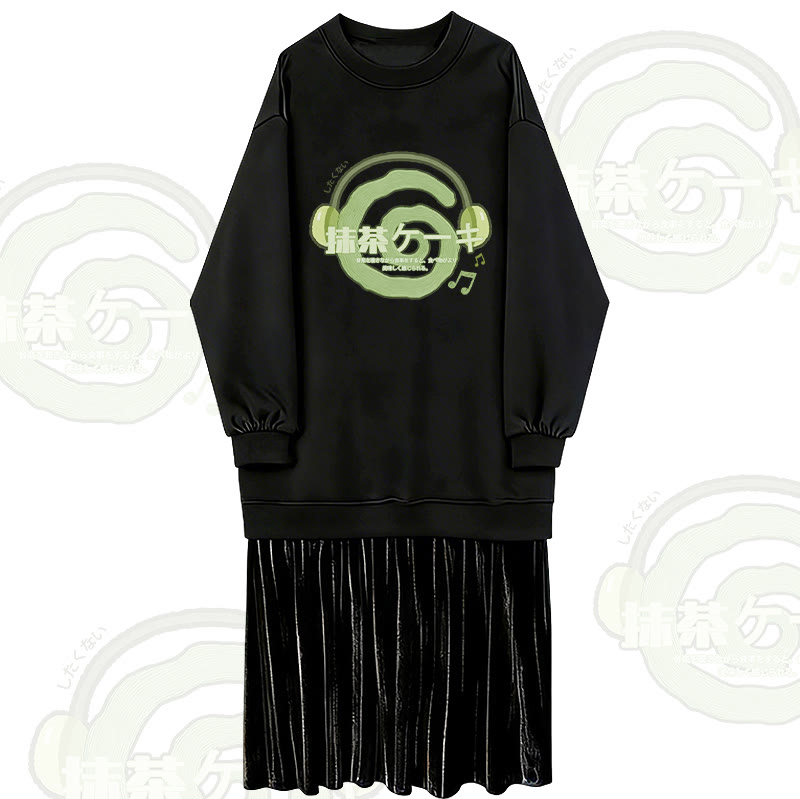 抹茶ヘッドフォングラフィックフェイクレイヤードフリース裏地スウェットシャツドレス - Black - 2XL - image 1