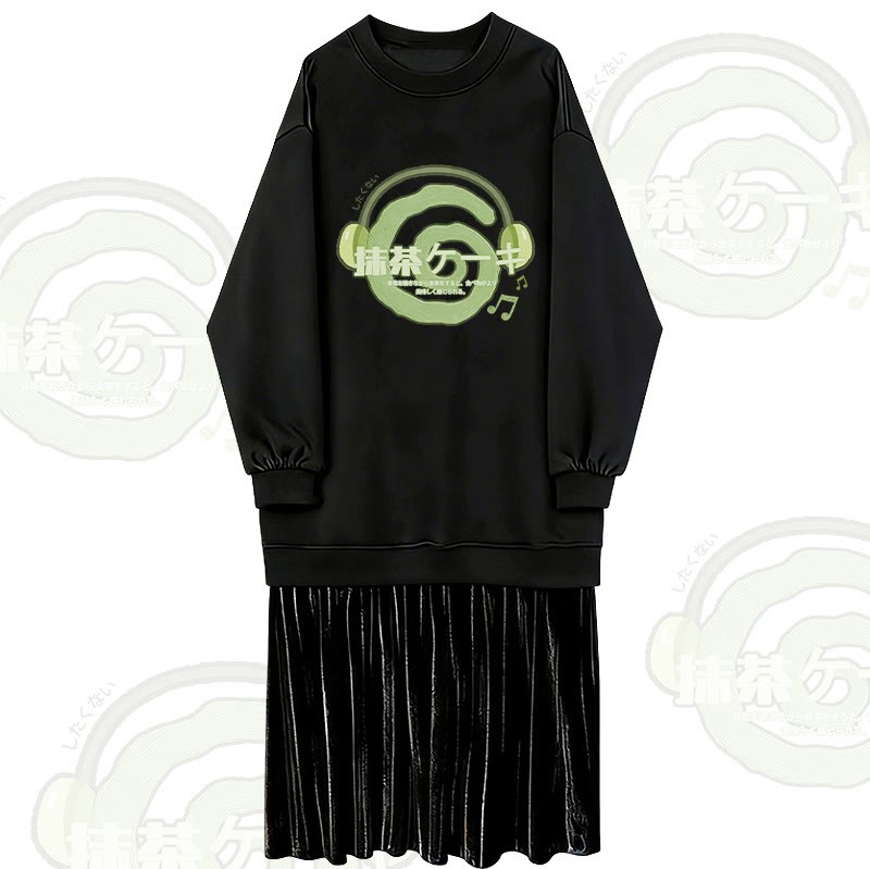 抹茶ヘッドフォングラフィックフェイクレイヤードフリース裏地スウェットシャツドレス - Black - 2XL - image 1