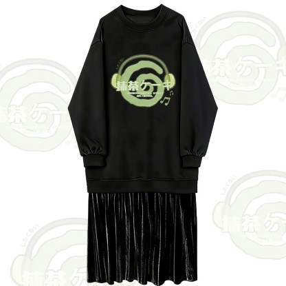 抹茶ヘッドフォングラフィックフェイクレイヤードフリース裏地スウェットシャツドレス - Black - 2XL - image 1