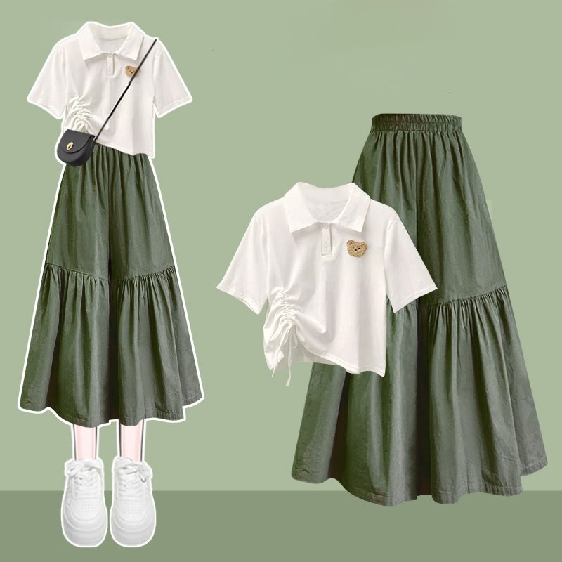 Bear Polo Collar Drawstring Shirt Skirt Matching Outfit - Two Pieces Set - XL - image 1