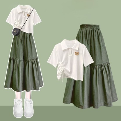 Bear Polo Collar Drawstring Shirt Skirt Matching Outfit - Two Pieces Set - XL - image 1
