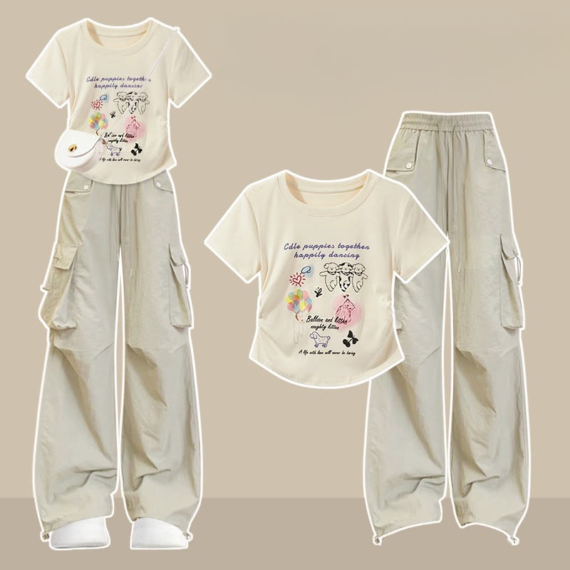 Cute Graphic T-shirt Casual Pants Matching Outfit - Two Pieces Set B - XL - image 2