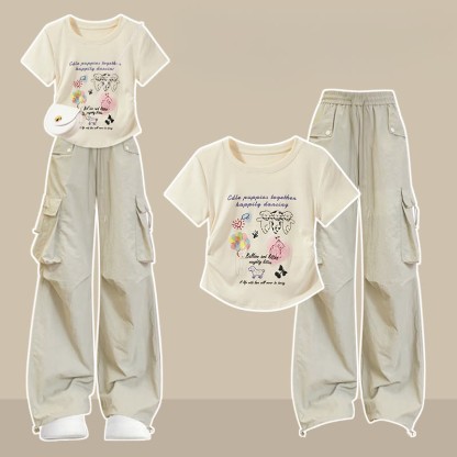 Cute Graphic T-shirt Casual Pants Matching Outfit - Two Pieces Set B - XL - image 2