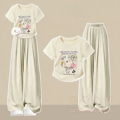 かわいいグラフィックTシャツとカジュアルパンツのマッチングコーデ - 2ピースセットA - XL - image 1