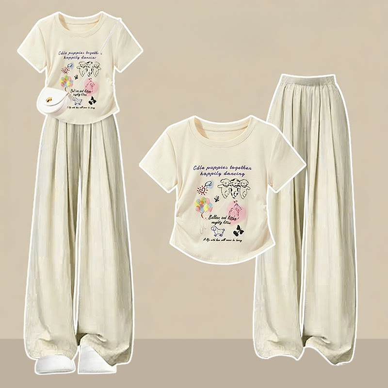 Cute Graphic T-shirt Casual Pants Matching Outfit - Two Pieces Set A - XL - image 1
