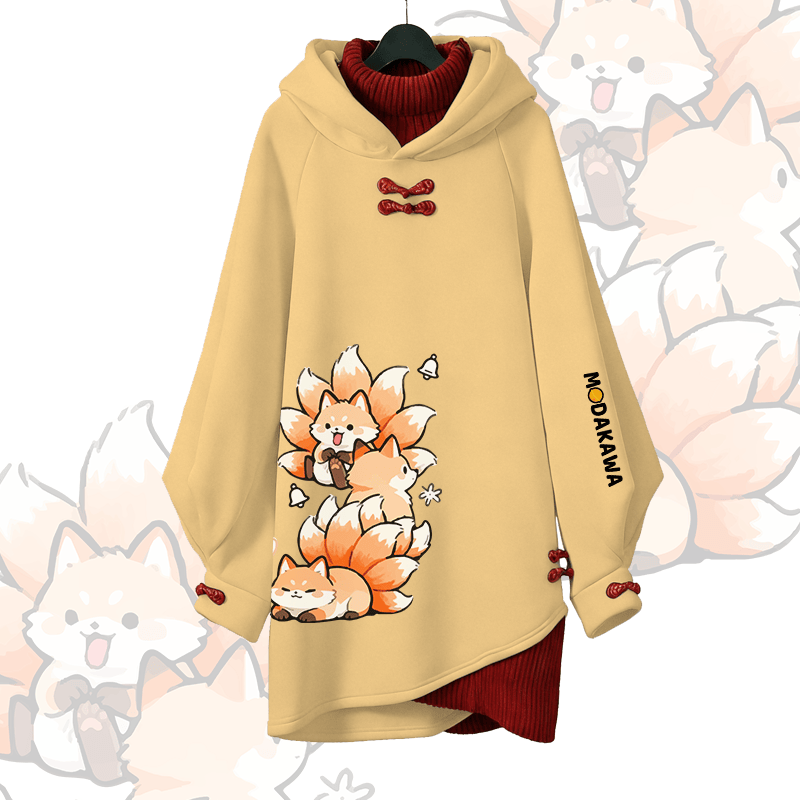 Nine-tailed Fox Graphic Modakawa Buckle Vintage Hooded Sweatshirt Dress - Yellow - 3XL - image 2