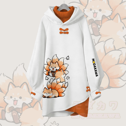 九尾の狐のグラフィックModakawaバックルヴィンテージフード付きスウェットシャツドレス - 白 - 3XL - image 1