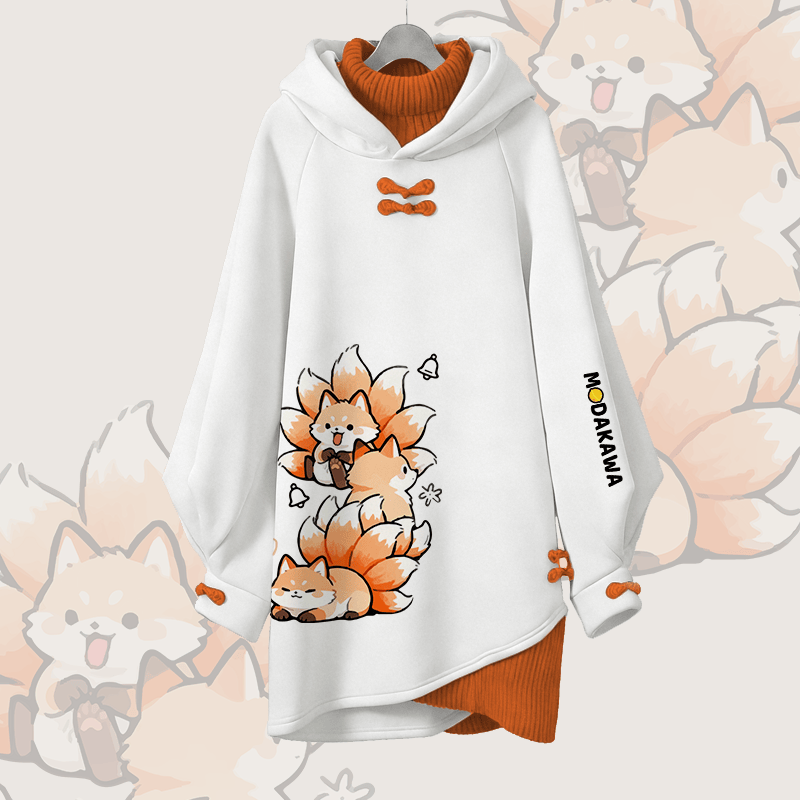 Nine-tailed Fox Graphic Modakawa Buckle Vintage Hooded Sweatshirt Dress - White - 3XL - image 1