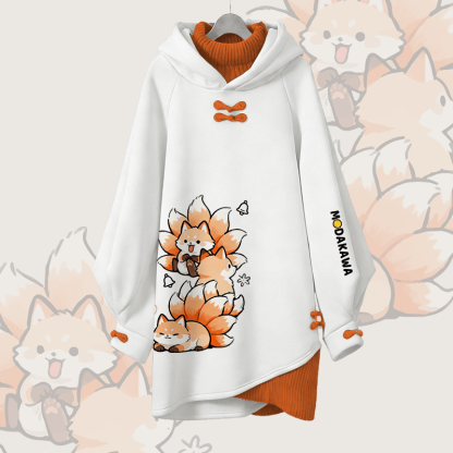 Nine-tailed Fox Graphic Modakawa Buckle Vintage Hooded Sweatshirt Dress - White - 3XL - image 1
