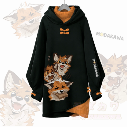 MODAKAWA X atka ファニーフォックスグラフィックModakawaバックル ヴィンテージ フード付き スウェットシャツ ドレス - 黒 - 3XL - image 1