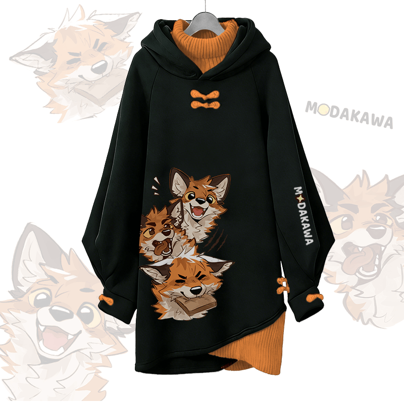 MODAKAWA X atka Funny Fox Graphic Modakawa Buckle Vintage Hooded Sweatshirt Dress - Black - 3XL - image 1