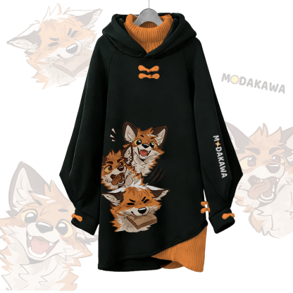 MODAKAWA X atka Funny Fox Graphic Modakawa Buckle Vintage Hooded Sweatshirt Dress - Black - 3XL - image 1
