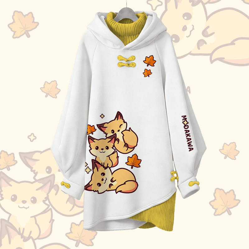 Maple Leaf Fox Graphic Modakawa Buckle Vintage Hooded Sweatshirt Dress - White - 3XL - image 1