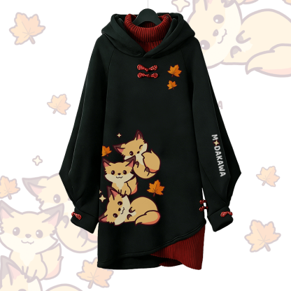 Maple Leaf Fox Graphic Modakawa Buckle Vintage Hooded Sweatshirt Dress - Black B - 3XL - image 4