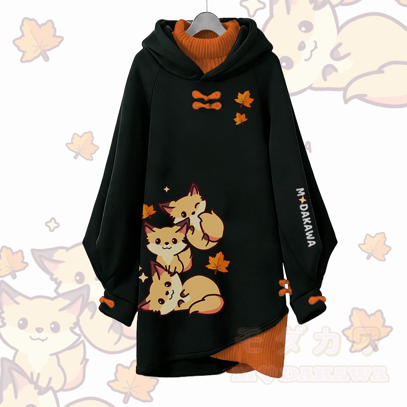 メープルリーフフォックスグラフィックModakawaバックルヴィンテージフード付きスウェットシャツドレス - 黒A - 3XL - image 3