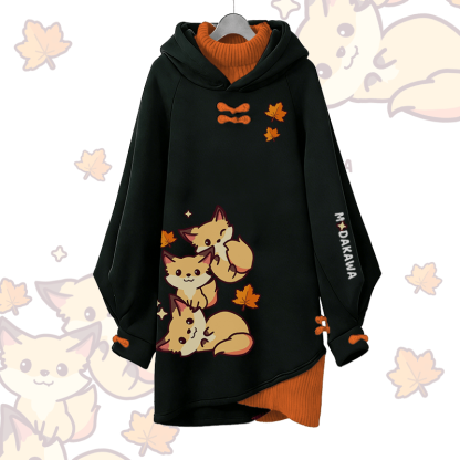 Maple Leaf Fox Graphic Modakawa Buckle Vintage Hooded Sweatshirt Dress - Black A - 3XL - image 3