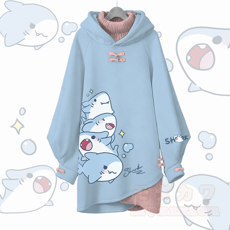 遊び心のあるサメのグラフィックModakawaバックルヴィンテージフード付きスウェットシャツドレス - 青 - 3XL - image 4