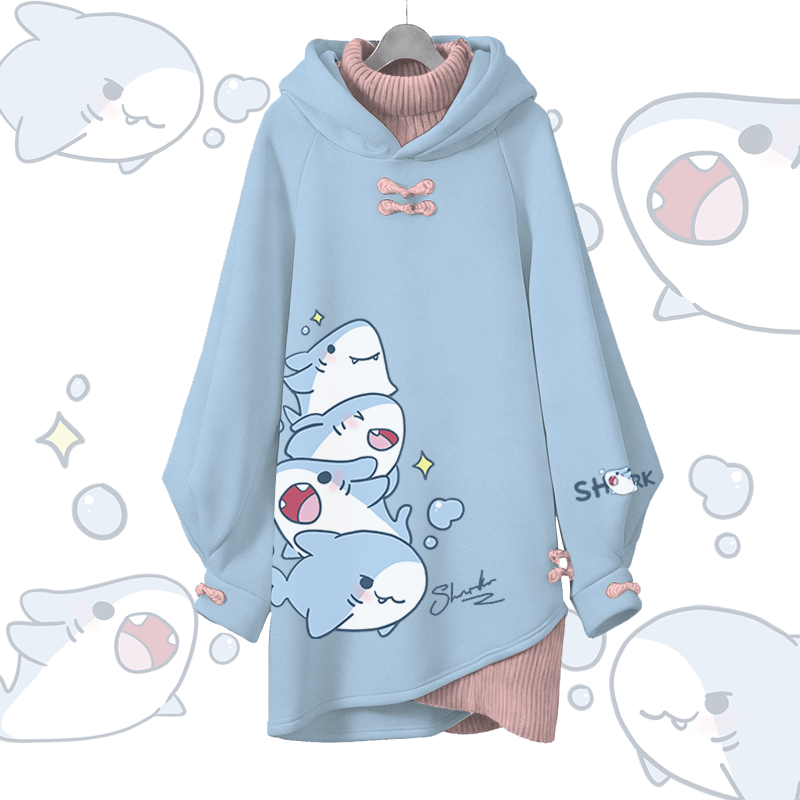 Playful Shark Graphic Modakawa Buckle Vintage Hooded Sweatshirt Dress - Blue - 3XL - image 4