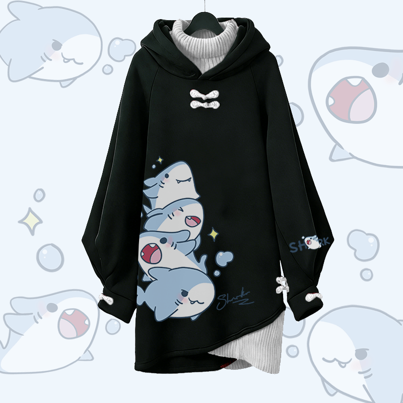 Playful Shark Graphic Modakawa Buckle Vintage Hooded Sweatshirt Dress - Black B - 3XL - image 2