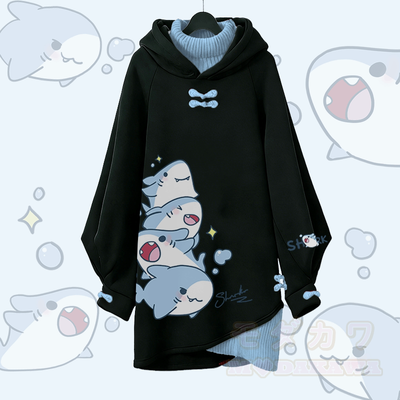 遊び心のあるサメのグラフィックModakawaバックルヴィンテージフード付きスウェットシャツドレス - 黒A - 3XL - image 1