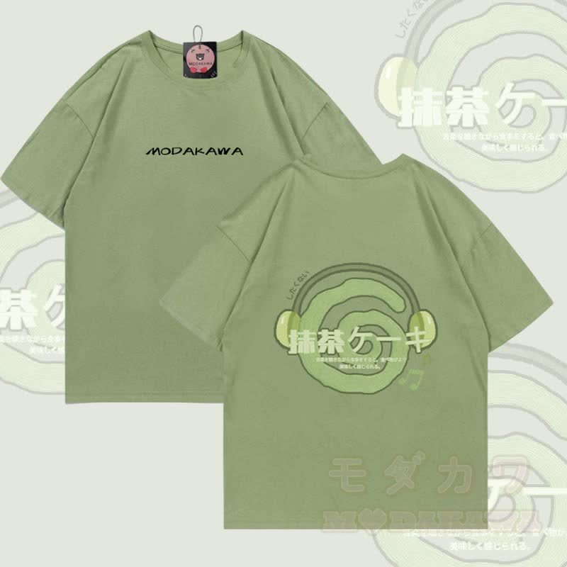 抹茶ヘッドフォングラフィックModakawa綿Tシャツ - 緑 - 5XL - image 1