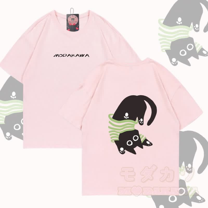 逆さまの黒猫グラフィックModakawa綿Tシャツ - ピンク - 5XL - image 2