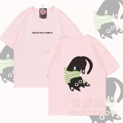 逆さまの黒猫グラフィックModakawa綿Tシャツ - ピンク - 5XL - image 2