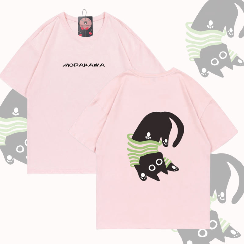 Upside Down Black Cat Graphic Modakawa Cotton T-shirt - Pink - 5XL - image 2
