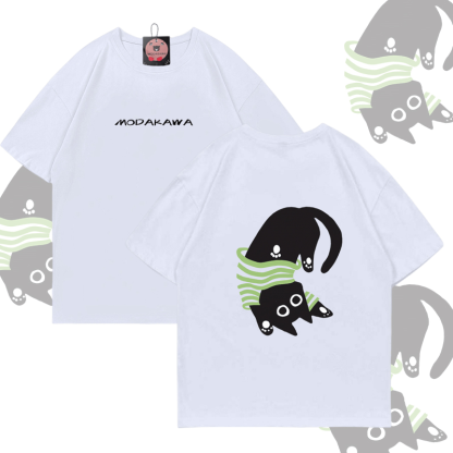 Upside Down Black Cat Graphic Modakawa Cotton T-shirt - White - 5XL - image 3