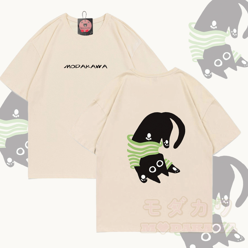 逆さまの黒猫グラフィックModakawa綿Tシャツ - アプリコット - 5XL - image 1