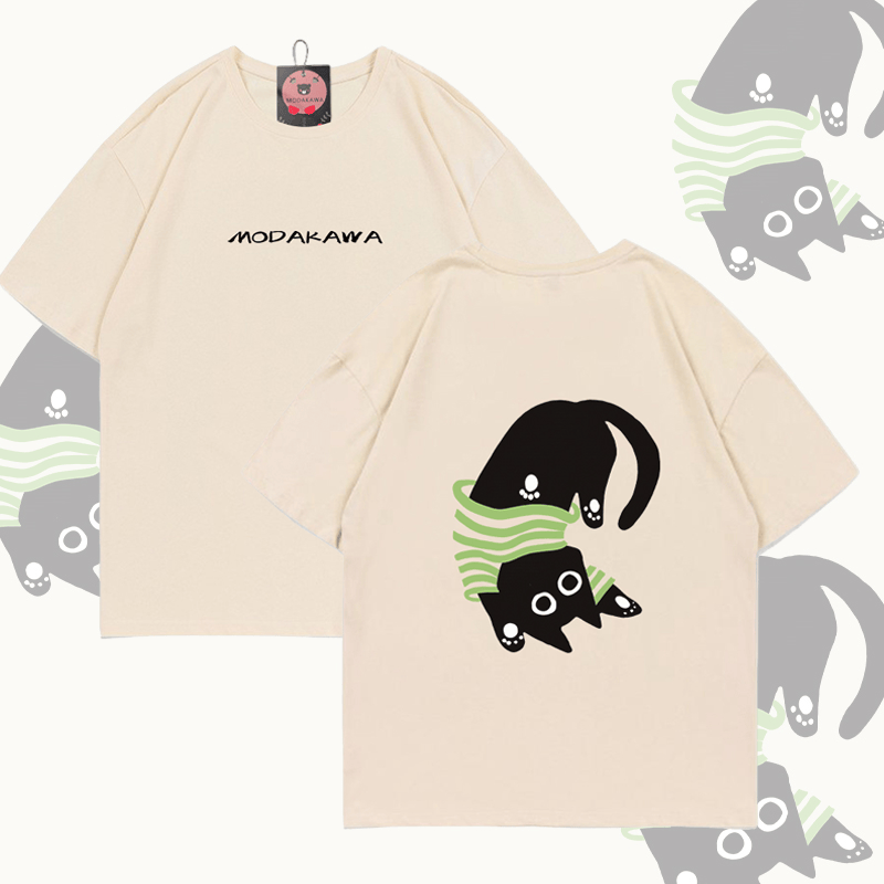 Upside Down Black Cat Graphic Modakawa Cotton T-shirt - Apricot - 5XL - image 1