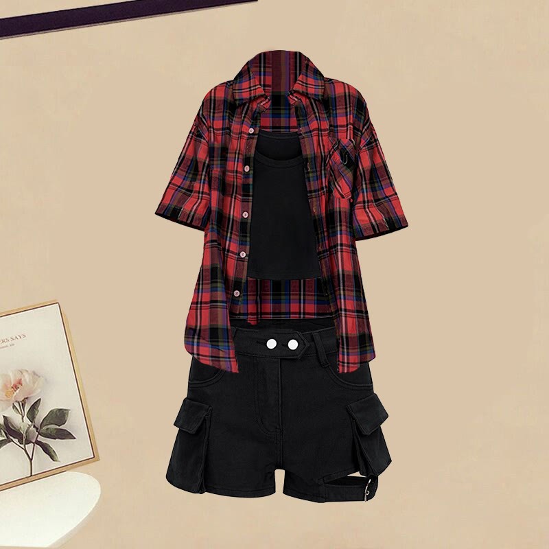 Plaid Shirt Black Tank Top Denim Shorts Leg Warmers Matching Outfit - Plaid Shirt+Black Tank Top+Denim Shorts - XL - image 6