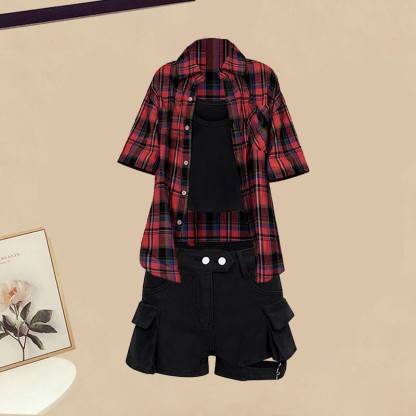 Plaid Shirt Black Tank Top Denim Shorts Leg Warmers Matching Outfit - Plaid Shirt+Black Tank Top+Denim Shorts - XL - image 6