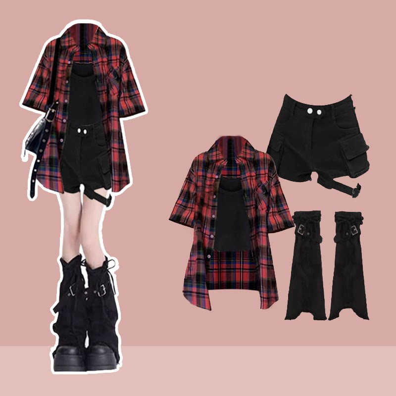 Plaid Shirt Black Tank Top Denim Shorts Leg Warmers Matching Outfit - Four Pieces Set A - XL - image 1