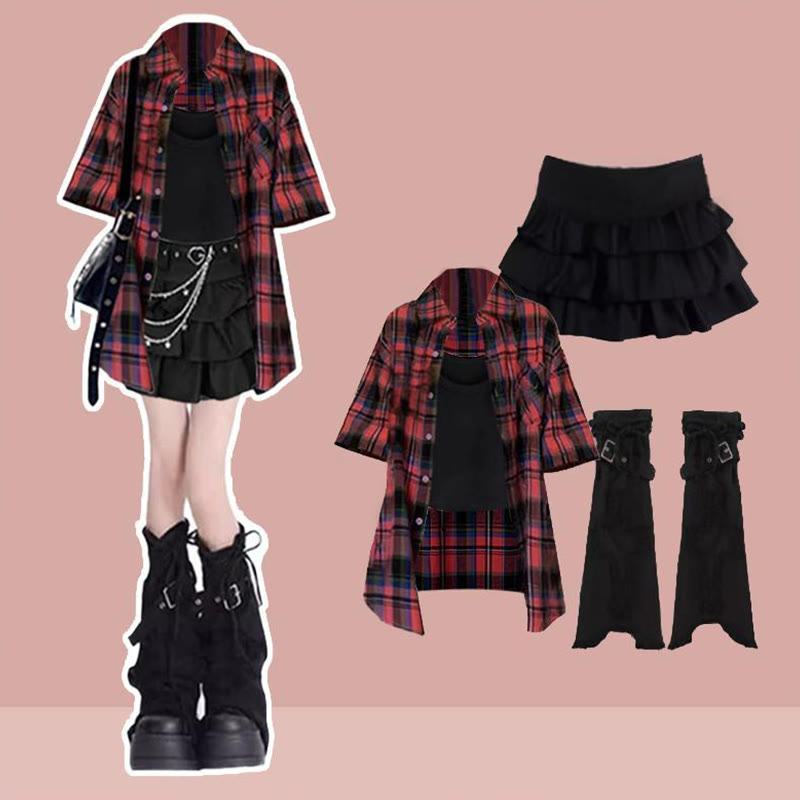 Plaid Shirt Black Tank Top Denim Shorts Leg Warmers Matching Outfit - Four Pieces Set B - XL - image 2