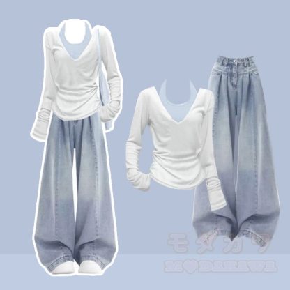 ホルターネックとデニムパンツのマッチングコーデ - 2点セット - XL - image 1