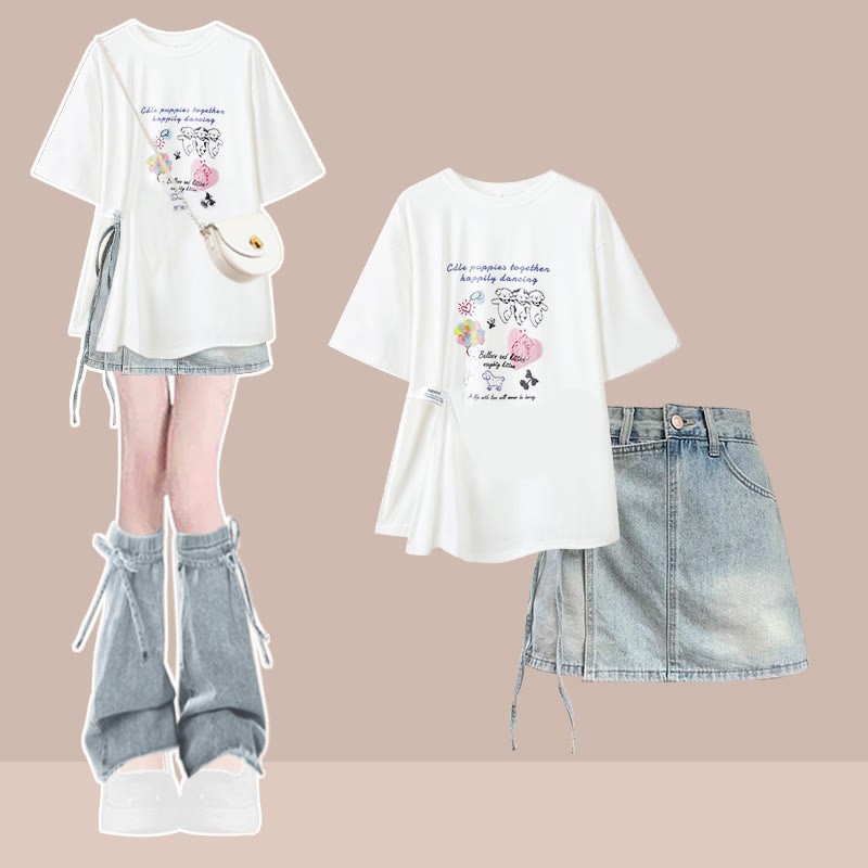 Irregular T-shirt Denim Shorts Matching Outfit - Two Pieces Set B - XL - image 2