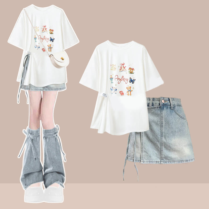 Irregular T-shirt Denim Shorts Matching Outfit - Two Pieces Set A - XL - image 1