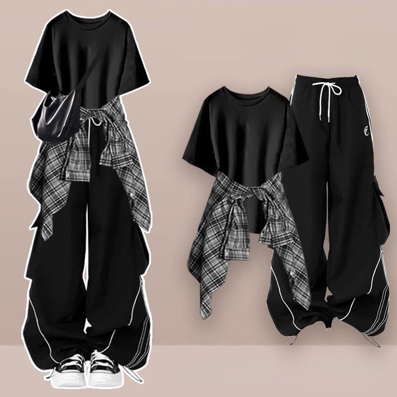 Letter Graphic T-shirt Plaid Shirt Wide Leg Pants Matching Outfit - Three Pieces Set D - XL - image 4