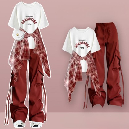 Letter Graphic T-shirt Plaid Shirt Wide Leg Pants Matching Outfit - Three Pieces Set B - XL - image 2
