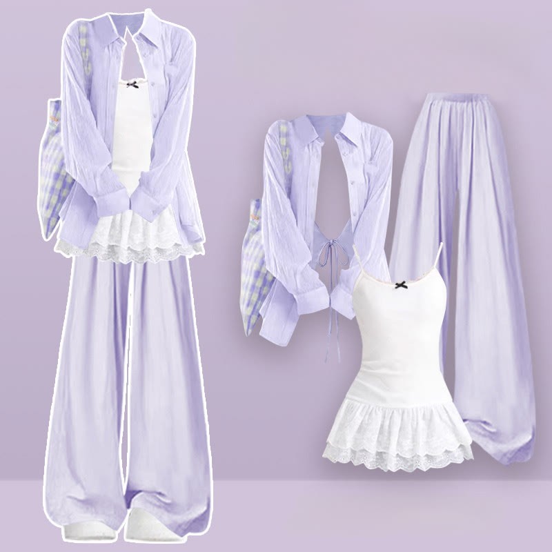 Lace Top Lace-up Shirt Casual Pants Matching Outfit - Three Pieces Set - XL - image 1