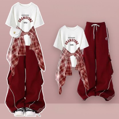 Letter Graphic T-shirt Plaid Shirt Wide Leg Pants Matching Outfit - Three Pieces Set A - XL - image 1