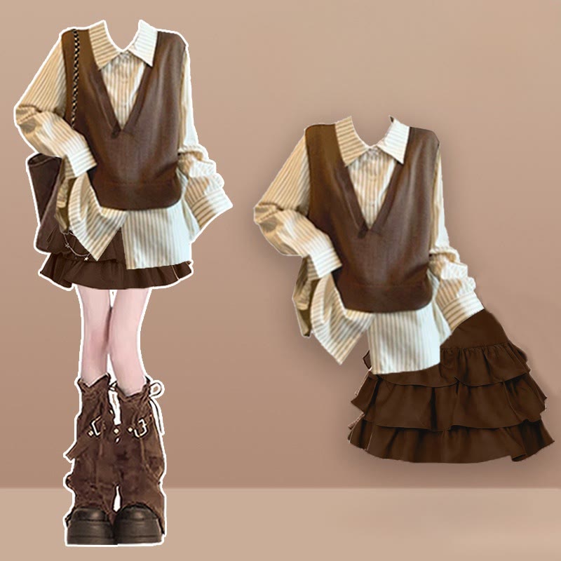 Fake Two Pieces Top Puff Skirt Matching Outfit - Two Pieces Set - XL - image 1