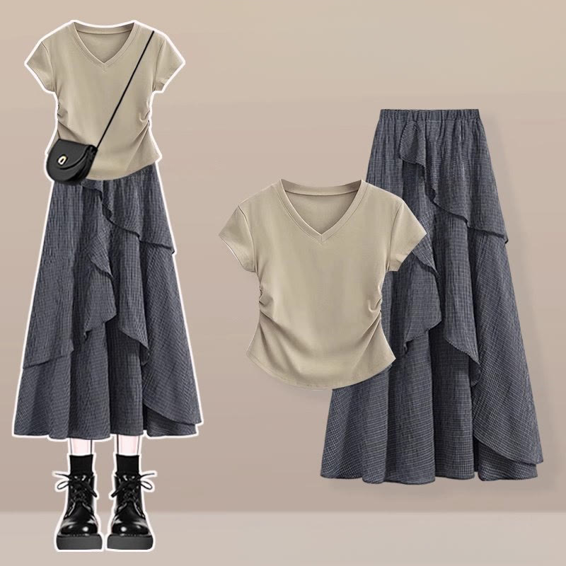 Irregular T-shirt Plaid Skirt Matching Outfit - Two Pieces Set D - 3XL - image 4