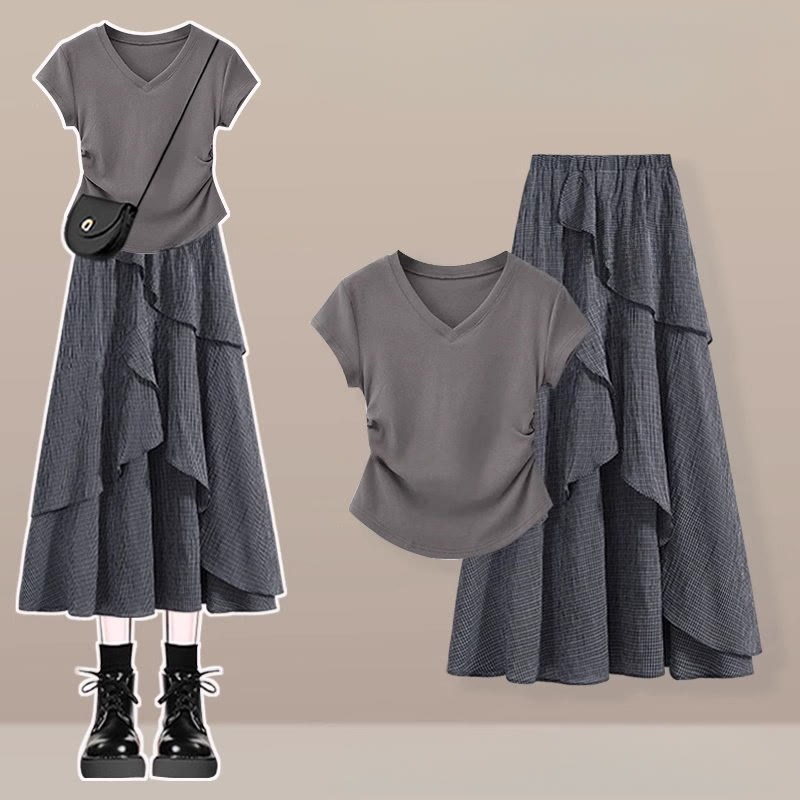 Irregular T-shirt Plaid Skirt Matching Outfit - Two Pieces Set C - 3XL - image 3