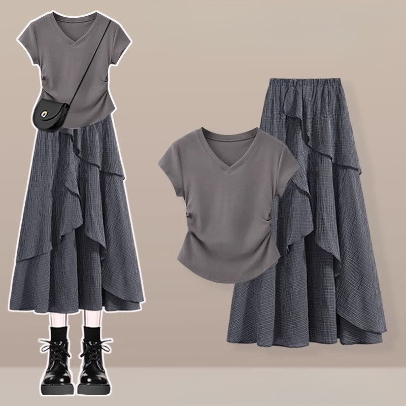 Irregular T-shirt Plaid Skirt Matching Outfit - Two Pieces Set C - 3XL - image 3