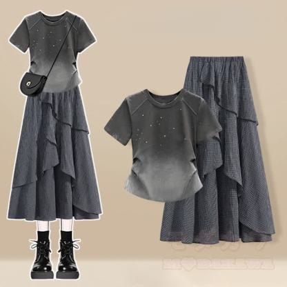 イレギュラーTシャツとチェックスカートのコーディネート - 2ピースセットA - 3XL - image 1