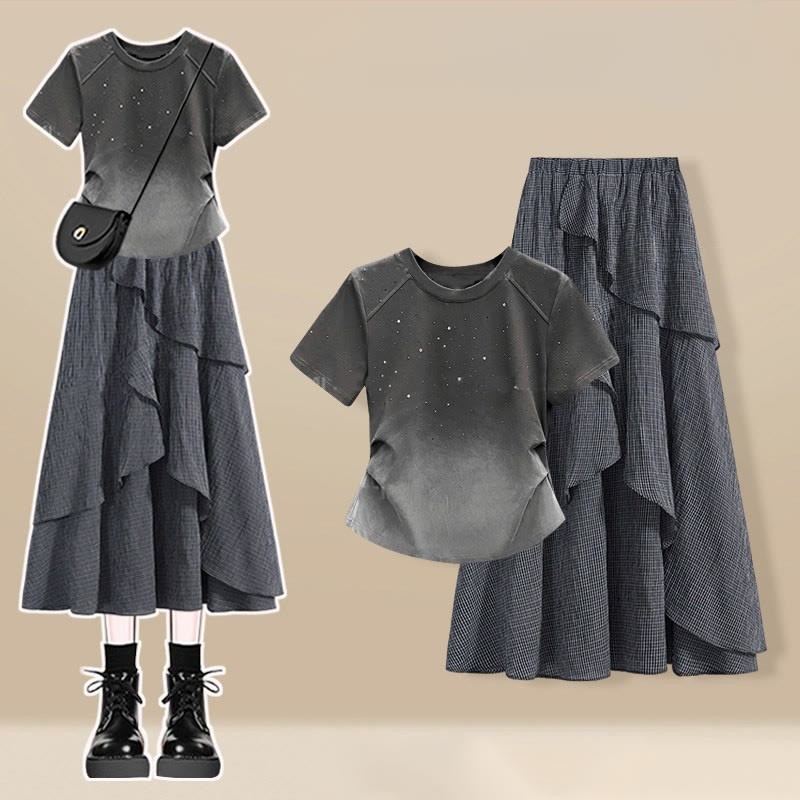 Irregular T-shirt Plaid Skirt Matching Outfit - Two Pieces Set A - 3XL - image 1