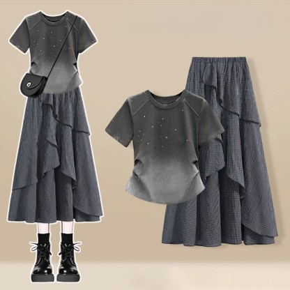 Irregular T-shirt Plaid Skirt Matching Outfit - Two Pieces Set A - 3XL - image 1